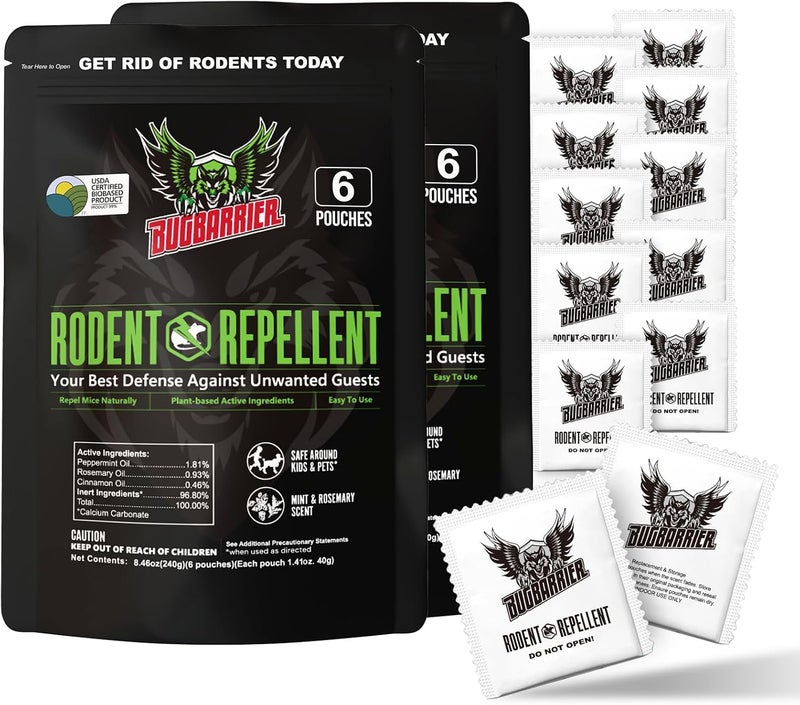 BugBarrier Extra-Strength Mouse Repellent Deterrent Pouches, USDA 99% Biobased, Peppermint & Rosemary Oils Repel Mice Nesting in Car, RV, Boat, Garage, Shed, Cabin Made in The USA (12 Pack) - Image 1